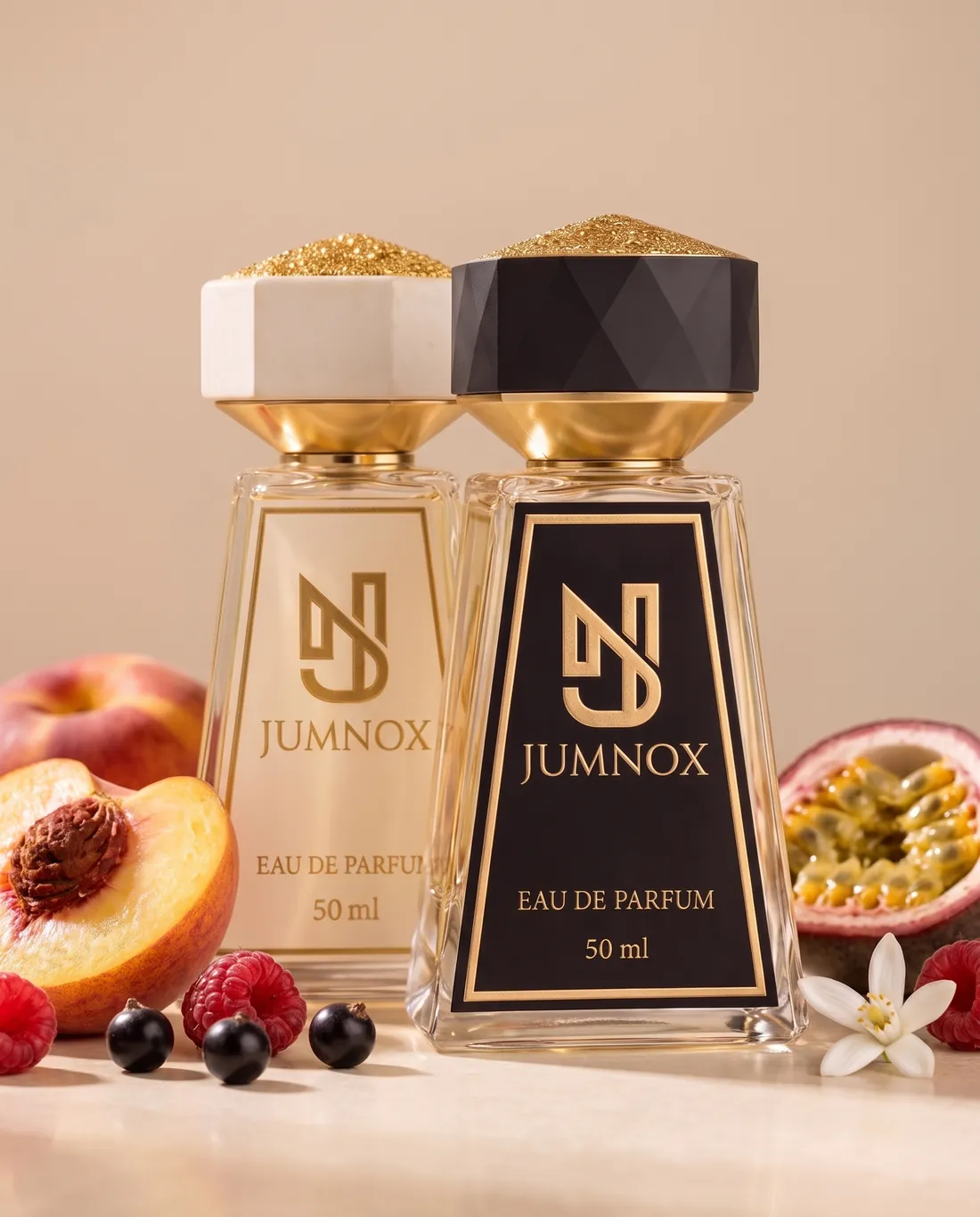 JUMNOX KRN12 ŞEFTALİ — gurme niş parfüm; siyah ve krem şişe yan yana, kokunun malzemeleriyle, 50 ml Eau de Parfum