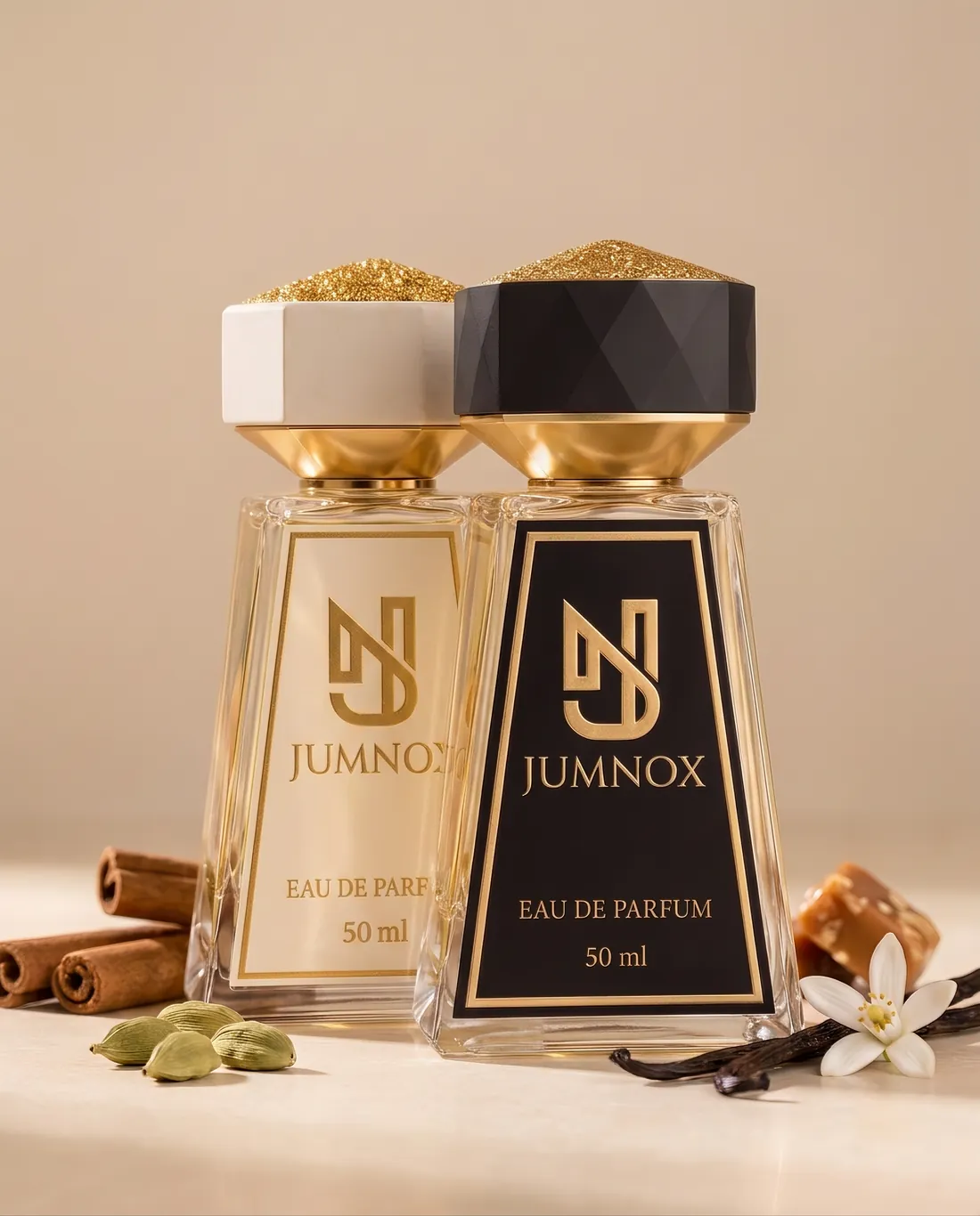 JUMNOX KRN13 TARÇIN — gurme niş parfüm; siyah ve krem şişe yan yana, kokunun malzemeleriyle, 50 ml Eau de Parfum