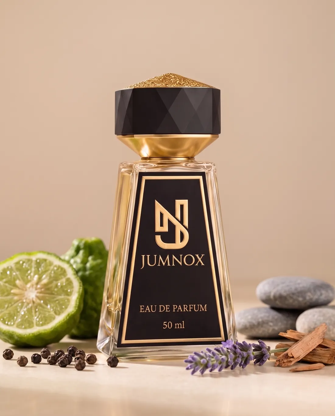 JUMNOX KRN23 ÇAKIL — aromatik niş parfüm; şişe, kokunun malzemeleriyle birlikte, 50 ml Eau de Parfum