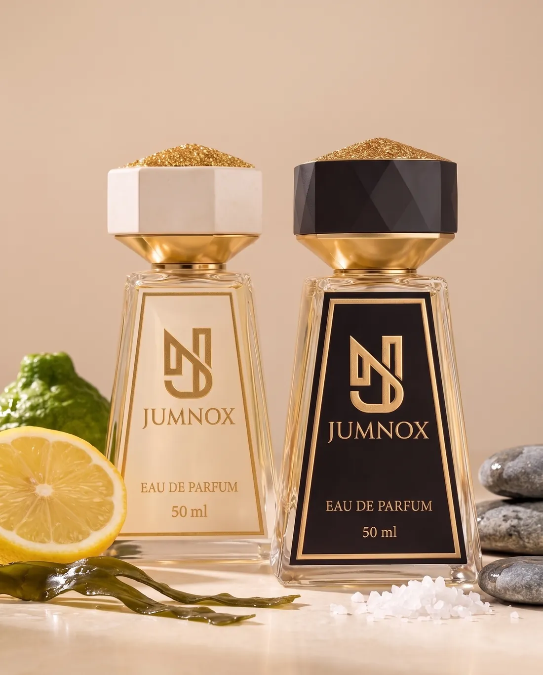 JUMNOX KRN31 DALGA — akuatik niş parfüm; siyah ve krem şişe yan yana, kokunun malzemeleriyle, 50 ml Eau de Parfum