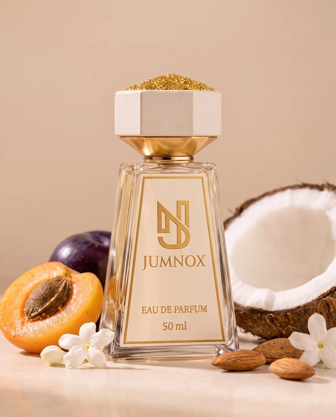 JUMNOX KRN32 BADEM — gurme niş parfüm; şişe, kokunun malzemeleriyle birlikte, 50 ml Eau de Parfum