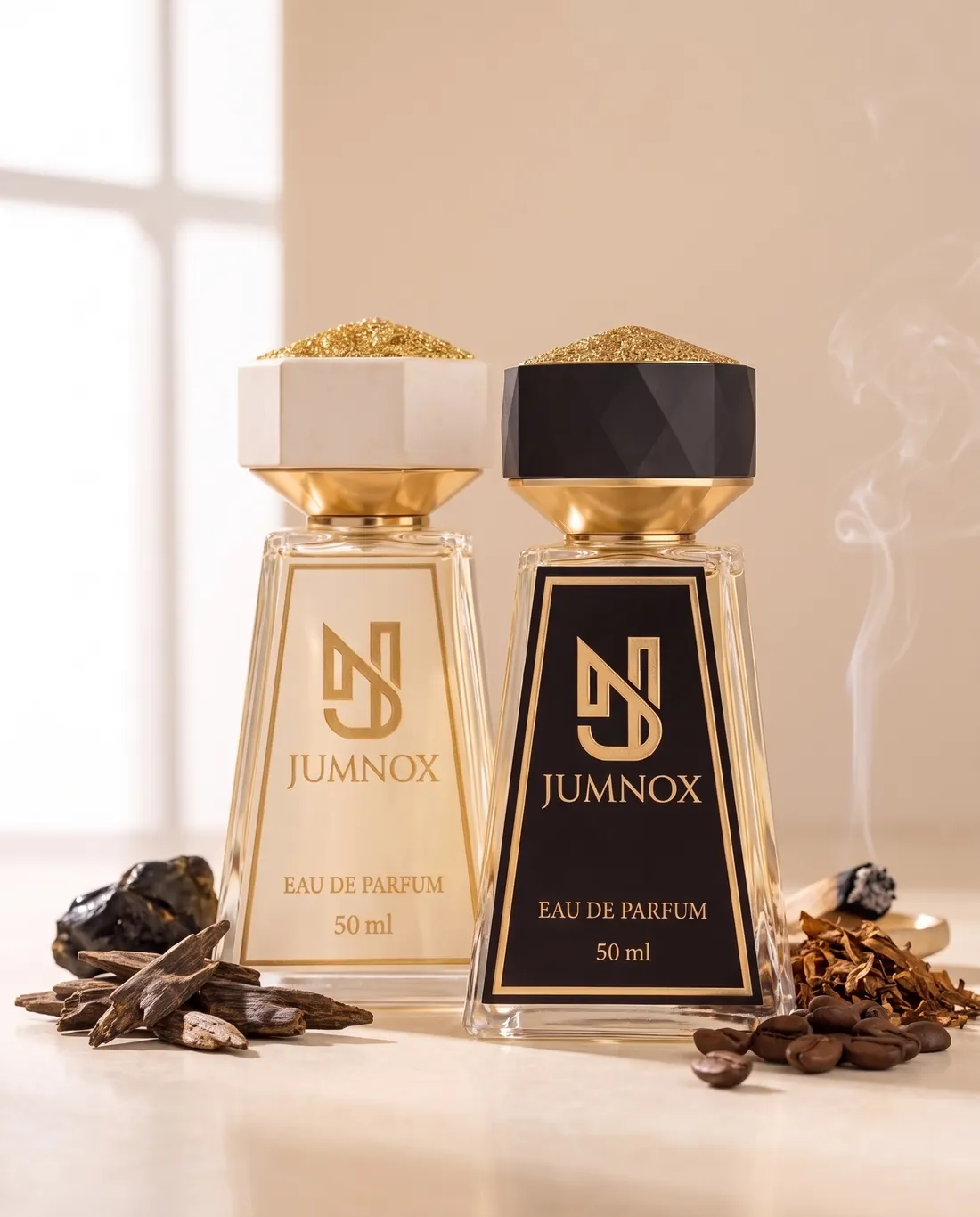 JUMNOX KRN34 OD — odunsu niş parfüm; siyah ve krem şişe yan yana, kokunun malzemeleriyle, 50 ml Eau de Parfum