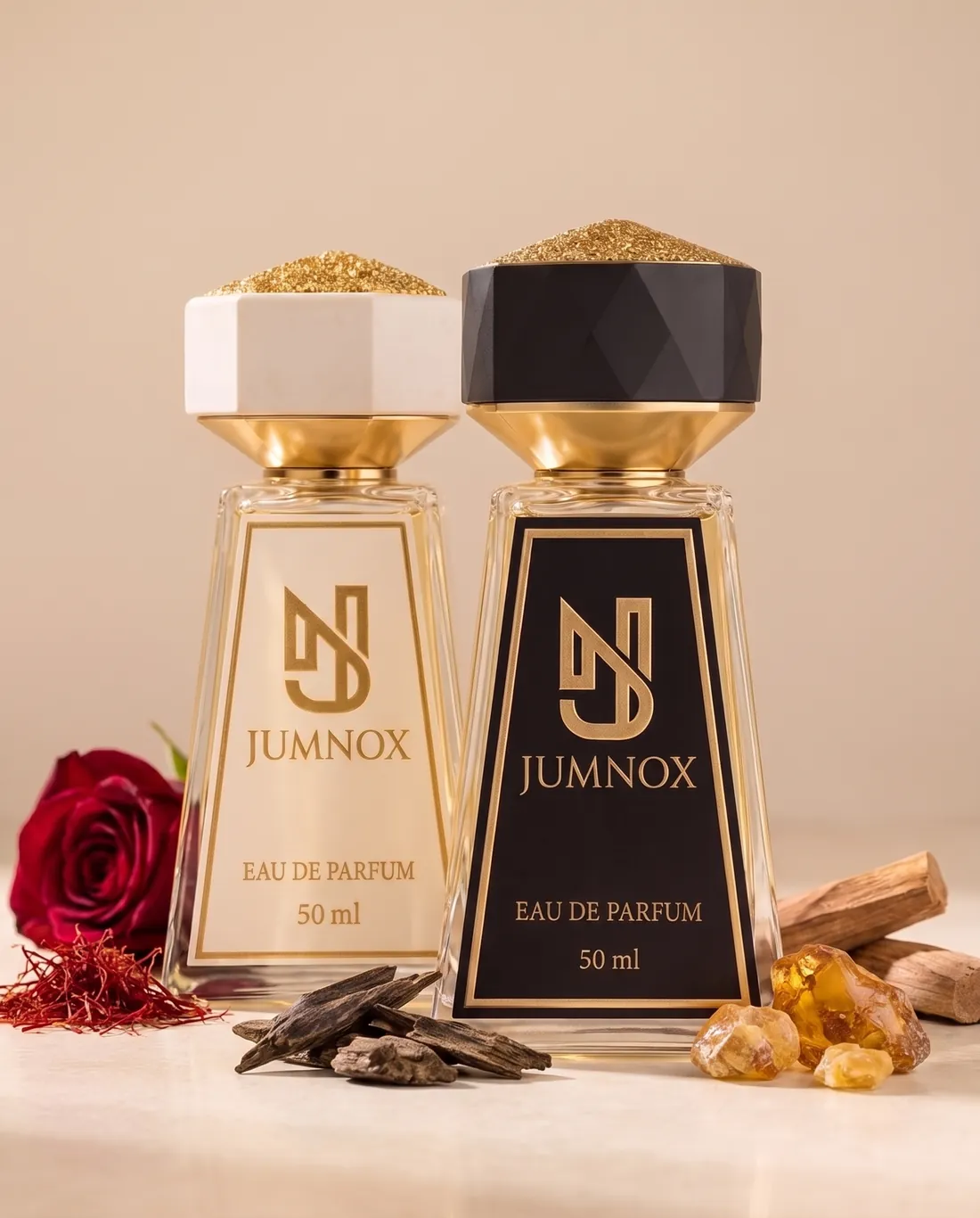 JUMNOX KRN36 MÜHÜR — oryantal niş parfüm; siyah ve krem şişe yan yana, kokunun malzemeleriyle, 50 ml Eau de Parfum