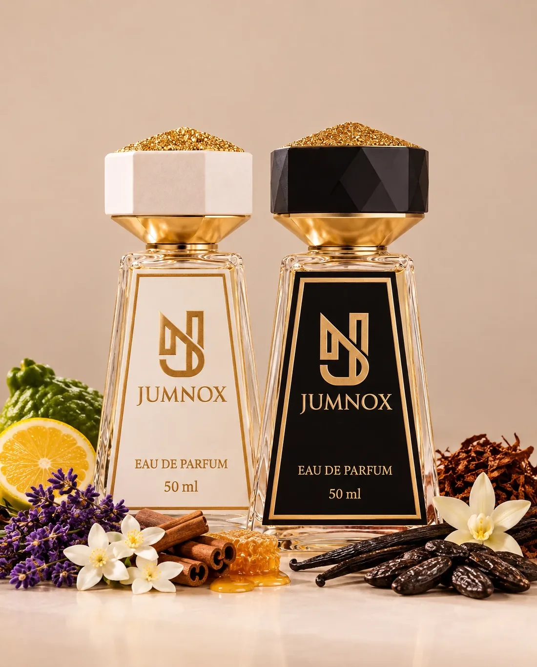 JUMNOX KRN40 TÜTSÜ — gurme niş parfüm; siyah ve krem şişe yan yana, kokunun malzemeleriyle, 50 ml Eau de Parfum