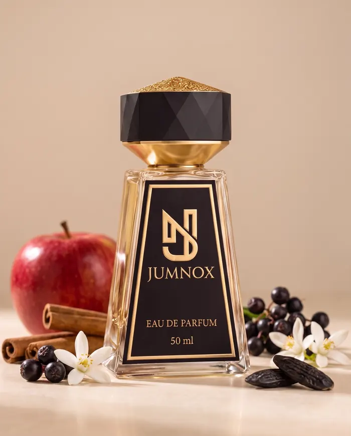 JUMNOX KRN14 AKŞAM — amberli niş parfüm; şişe, kokunun malzemeleriyle birlikte, 50 ml Eau de Parfum