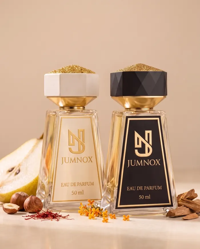 JUMNOX KRN19 SAFRAN — amberli niş parfüm; siyah ve krem şişe yan yana, kokunun malzemeleriyle, 50 ml Eau de Parfum