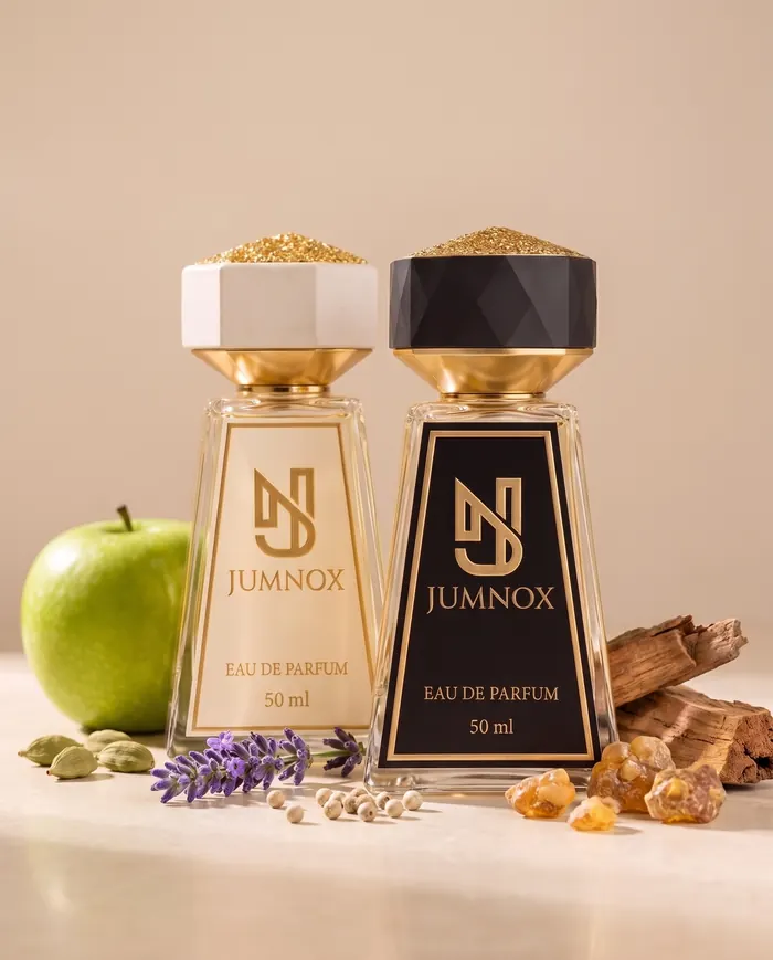 JUMNOX KRN21 KEHRİBAR — amberli niş parfüm; siyah ve krem şişe yan yana, kokunun malzemeleriyle, 50 ml Eau de Parfum