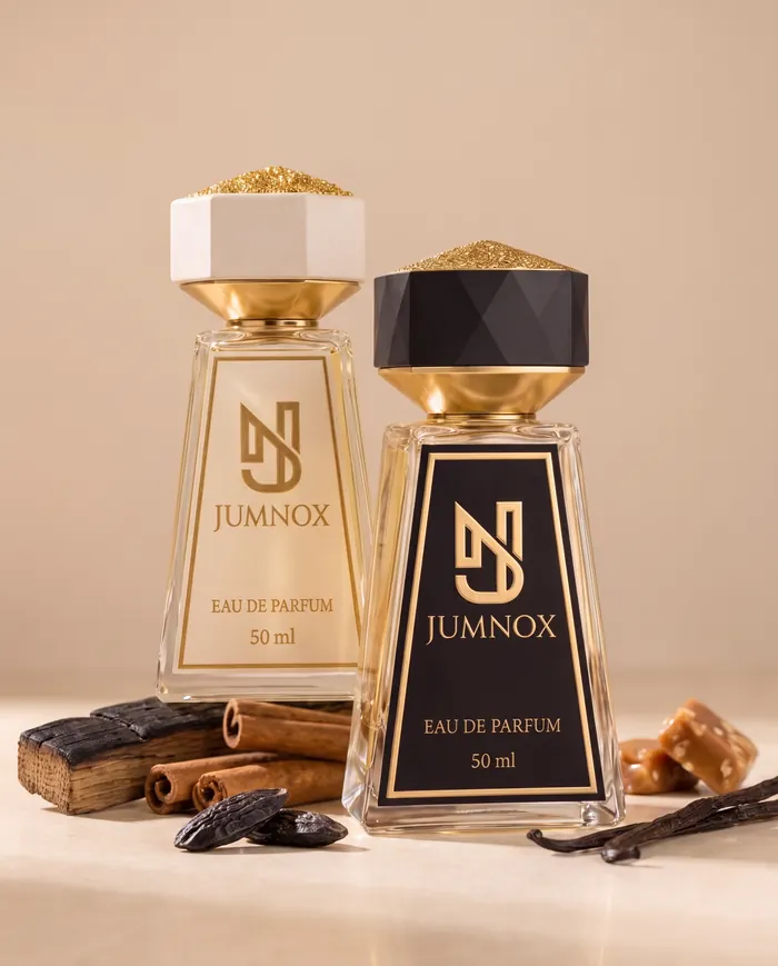JUMNOX KRN28 FIÇI — gurme niş parfüm; siyah ve krem şişe yan yana, kokunun malzemeleriyle, 50 ml Eau de Parfum