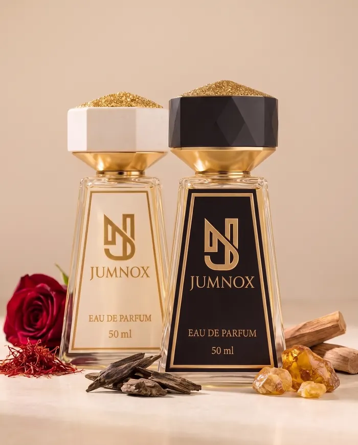 JUMNOX KRN36 MÜHÜR — oryantal niş parfüm; siyah ve krem şişe yan yana, kokunun malzemeleriyle, 50 ml Eau de Parfum