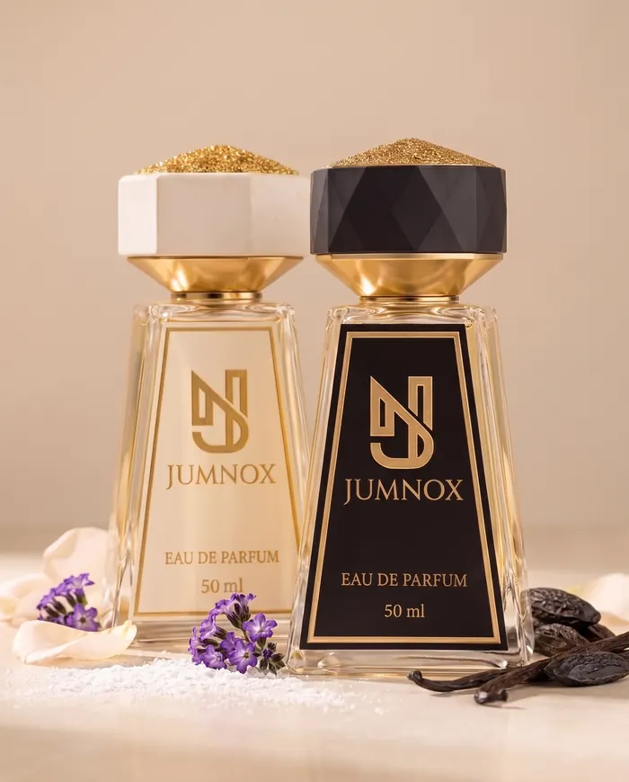 JUMNOX KRN37 KAR — misk niş parfüm; siyah ve krem şişe yan yana, kokunun malzemeleriyle, 50 ml Eau de Parfum