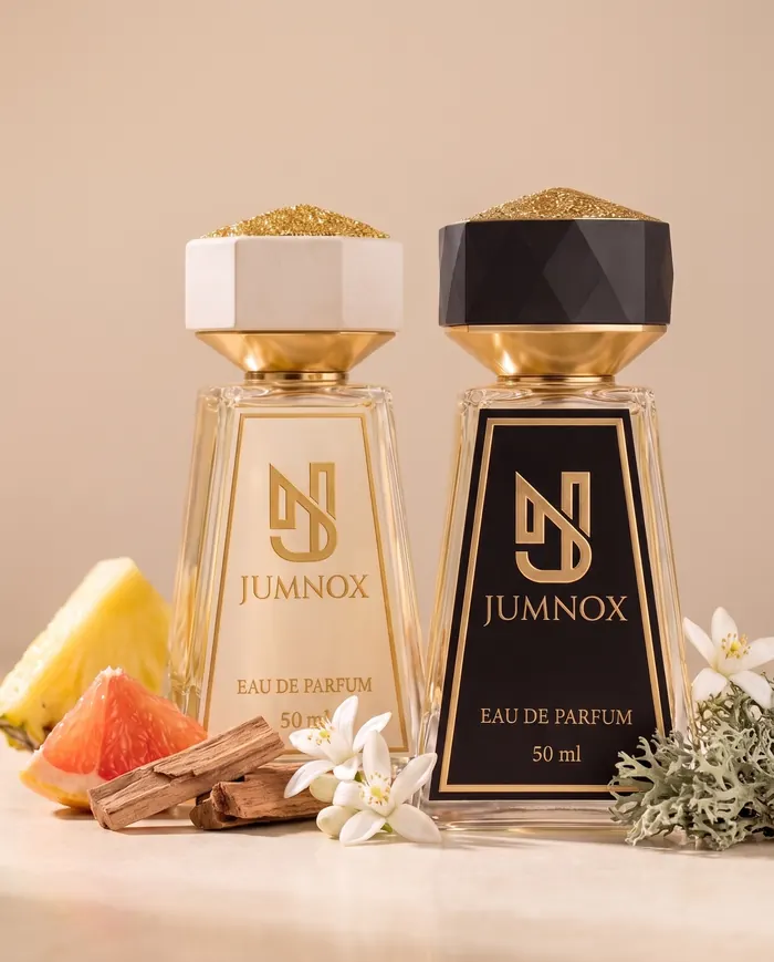 JUMNOX KRN38 ÇINAR — odunsu niş parfüm; siyah ve krem şişe yan yana, kokunun malzemeleriyle, 50 ml Eau de Parfum